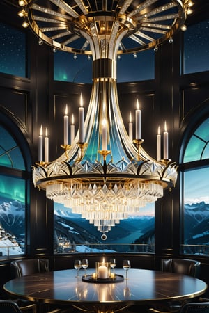 Photorealistic render in high definition of a table chandelier, with candles, made of glass with gold metal details, on a dark night with northern lights, in a luxury bar in Switzerland, with snow and mountains, made of sculpted glass in parametric style ornamental, a cinematographic shot in marble and glass with iridescent iridescent effect, detailed explosion of the scenery, with fabrics, full of elegant mystery, symmetrical, geometric and parametric details, Technical design, Ultra intricate details, Ornate details. shutter speed 1/1000, f/22, white balance, vintage aesthetic, retro aesthetic, retro film, dramatic setting, horror film