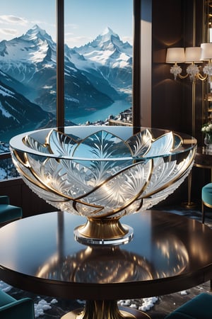 Photorealistic render in high definition of a majestic sculpted glass, on a table in a luxury bar in Switzerland, with snow and mountains, made of sculpted glass in an ornamental parametric style, a cinematic shot in marble and glass with iridescent iridescent effect, detailed explosion of the scenography, with fabrics, full of elegant mystery, symmetrical, geometric and parametric details, Technical design, Ultra intricate details, Ornate details. shutter speed 1/1000, f/22, white balance, vintage aesthetic, retro aesthetic, retro film, dramatic setting, horror film, surreal perspective, science fiction film, shot on fuji color film, detailed facial features, semi-backlighting, backlighting , natural lighting, beautiful artistic conception, ambient lighting, cinematic lighting, soft lighting, volumetric, beautiful lighting, accent lighting, global illumination, tracing ray, optics, dispersion, high contrast, shadows, rough, shimmering, ray traced reflections, spatial reflections Obsolete samplers, diffraction classification, chromatic aberration, no watermark, no logo, no signature