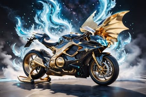 High definition photorealistic render of a luxury sculpture of a superbike very sculptural, in the surrealistic volacanu with star, galaxy, smoke and ice, interestelar space stars, flash of lightning, bubbles and rays efect iridicent holographic marble and metal, with fluid and organic shapes, with a background where a parametric sculpture with wings appears, in metal, marble and iridescent glass, with precious diamonds, with symmetrical curves in the shape of dragon wings in marble background black & white details gold, chaotic swarowski, inspired by the style of Zaha Hadid, gold iridescence, with black and white details. The design is inspired by the Tomorrowland 2022 main stage, with ultra-realistic Art Deco details and a high level of image complexity iridescence.
