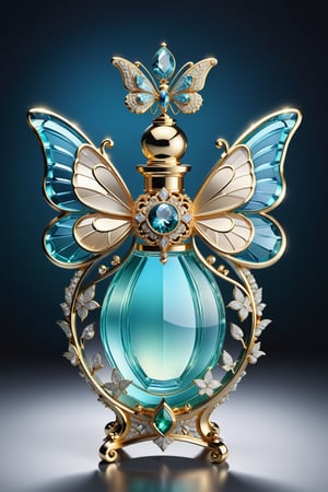 Photorealistic rendering in high definition of a perfume in sculpted glass and made of diamonds and iridescent iridescent gemstones, themed in a butterfly with open wings, until its presentation, the perfume must be located on a throne of glass and marble and with ornamental details and baroque style, must include iridescent glass and marble and luxurious oriental external decoration, full of elegant mystery, symmetrical, geometric and parametric details, Technical design, Ultra intricate details, Ornate details