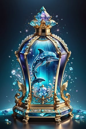 Prompt: Photorealistic render in high definition of a perfume in sculpted glass and made of diamonds and iridescent iridescent gemstones, themed in a dolphin, until its presentation, the perfume must be located on a throne of glass and marble and with ornamental details and baroque style , must include iridescent glass and marble and luxurious oriental external decoration, full of elegant mystery, symmetrical, geometric and parametric details, Technical design, Ultra intricate details, Ornate details