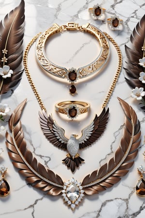 Photorealistic render in high definition of a jewelry set that includes a necklace, a bracelet, a ring and a pair of earrings, made of diamonds and white and brown precious stones, this entire set must be themed in the shape of a real eagle , until presentation, the background must include feathers and flowers on a fabric background, iridescent glass and marble and luxurious oriental external decoration, full of elegant mystery, symmetrical, geometric and parametric details, Technical design, Ultra intricate details, Ornate details, Stylized details, Cinematic lighting, 8k, Unreal, Photorealistic, Hyperrealism, CGI, VFX, SFX