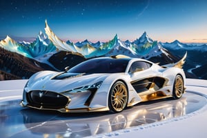 High definition photorealistic render of a luxury super car in yacht very sculptural, in the mountains snow and aurora bolealis nigth, ice efects, with fluid and organic shapes, with a background where a parametric sculpture with dragon wings appears, in metal, marble and iridescent glass, with precious diamonds, with symmetrical curves in the shape of dragon wings in marble background black & white details gold, chaotic swarowski, inspired by the style of Zaha Hadid, gold iridescence, with black and white details. The design is inspired by the Tomorrowland 2022 main stage, with ultra-realistic Art Deco details and a high level of image complexity iridescence.
