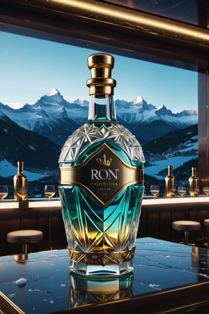 High definition photorealistic render of a glass bottle ron with gold metal details, on a dark night with northern lights, in a luxury bar in Switzerland, with snow and mountains, made of sculpted glass in ornamental parametric style, one shot cinematic in marble and glass with iridescent iridescent effect, detailed explosion of the scenery, with fabrics, full of elegant mystery, symmetrical, geometric and parametric details, technical design, ultra intricate details, ornate details. shutter speed 1/1000, f/22, white balance, vintage aesthetic, retro aesthetic, retro film, dramatic setting, horror film