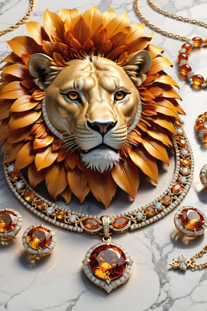 Photorealistic render in high definition of a jewelry set that includes a necklace, a bracelet, a ring and a pair of earrings, made of diamonds and yellow and orange precious stones, this entire set must be themed in the shape of a lion, Until presentation, the background must include feathers and flowers on a fabric background, iridescent glass and marble and luxurious oriental external decoration, full of elegant mystery, symmetrical, geometric and parametric details, Technical design, Ultra intricate details, Ornate details, Details stylized, Cinematic Lighting, 8k, Unreal, Photorealistic, Hyperrealism, CGI, VFX, SFX