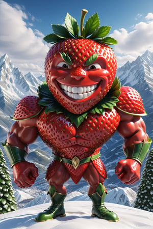 High definition photorealistic render of an incredible and mysterious character of a fruit strawberry warrior, with men muscles and a big smile, in a mountains snow, with luxurious details in marble and metal and details in parametric architecture and art deco, the fruit It must be the head of the character full body pose fruit