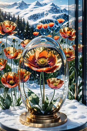 (best quality,  highres,  ultra high resolution,  masterpiece,  realistic,  extremely photograph,  detailed photo,  8K wallpaper,  intricate detail,  film grains), High definition photorealistic, luxurious hyperrealistic poster composition simetric holographic foil crystal of a luxury majestic and elegant flower Poppy with luxury details in gold and placed in a glass on a throne with marble and metal with sculptural sculpted glass with parametric architecture in the foreground located in an environment where there are many flowers but everything is covered in snow and flakes snow a beautiful floral garden with snow, gold, hipermaximalistic, with art deco style, high level of image complexity.