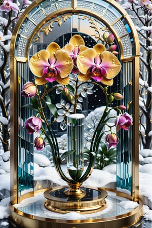 (best quality,  highres,  ultra high resolution,  masterpiece,  realistic,  extremely photograph,  detailed photo,  8K wallpaper,  intricate detail,  film grains), High definition photorealistic, luxurious hyperrealistic poster composition simetric holographic foil crystal of a luxury majestic and elegant rose orchid with luxury details in gold and placed in a glass on a throne with marble and metal with sculptural sculpted glass with parametric architecture in the foreground located in an environment where there are many flowers but everything is covered in snow and flakes snow a beautiful floral garden with snow, gold, hipermaximalistic, with art deco style, high level of image complexity.
