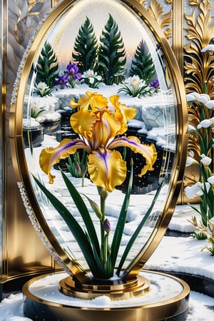 (best quality,  highres,  ultra high resolution,  masterpiece,  realistic,  extremely photograph,  detailed photo,  8K wallpaper,  intricate detail,  film grains), High definition photorealistic, luxurious hyperrealistic poster composition simetric holographic foil crystal of a luxury majestic and elegant flower iris with luxury details in gold and placed in a glass on a throne with marble and metal with sculptural sculpted glass with parametric architecture in the foreground located in an environment where there are many flowers but everything is covered in snow and flakes snow a beautiful floral garden with snow, gold, hipermaximalistic, with art deco style, high level of image complexity.