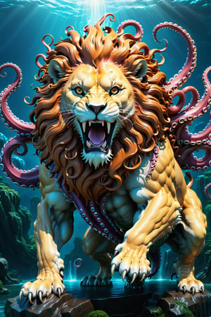 High definition photorealistic render of a incredible and mysterious mythological Luxurious sculptural hybrid monster of a fusion between a lion and a octopus, epic fusion of animals