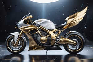 High definition photorealistic render of a luxury superbike in yacht very sculptural, in gravitating in interstellar space, an ethereal space full of spatial fantasy, with and bubbles and rays, with fluid and organic shapes, with a background where a parametric sculpture with dragon wings appears, in metal, marble and iridescent glass, with precious diamonds, with symmetrical curves in the shape of dragon wings in marble background black & white details gold, chaotic swarowski, inspired by the style of Zaha Hadid, gold iridescence, with black and white details. The design is inspired by the Tomorrowland 2022 main stage, with ultra-realistic Art Deco details and a high level of image complexity iridescence.
