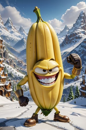 
High definition photorealistic render of an incredible and mysterious Disney Pixar character of a banana warrior, with muscles and a big smile, in a mountains snow, with luxurious details in marble and metal and details in parametric architecture and art deco, the fruit It must be the head of the character