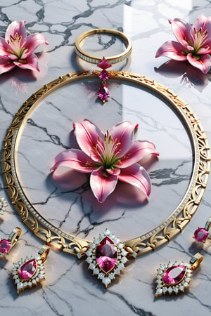 photorealistic render in high definition full set jewerlly of an inspiration of a pink lily flower of a jewelry set that includes a necklace, a bracelet, a ring and a pair of earrings, all of these must be made of diamonds and pink precious stones, since they must be themed or symbolically represent a lily flower, the jewelry set must be in marble and iridescent glass and marble and luxurious oriental external decoration, full of elegant mystery, symmetrical, geometric and parametric details, Technical design, Ultra intricate details, Ornate details , Stylized details, Cinematic lighting, 8k, Unreal, Photorealistic, Hyperrealism, CGI, VFX, SFX