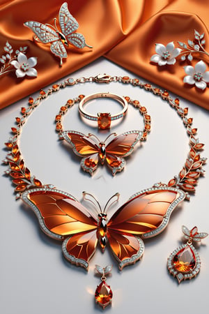 Photorealistic render in high definition of a jewelry set that includes a necklace, a bracelet, a ring and a pair of earrings, made of diamonds and orange precious stones, this entire set must be themed in the shape of a real butterfly, up to its presentation, the background should include feathers and flowers on a fabric background, iridescent glass and marble and luxurious oriental external decoration, full of elegant mystery, symmetrical, geometric and parametric details, Technical design, Ultra intricate details, Ornate details, Stylized details, Cinematic Lighting, 8k, Unreal, Photorealistic, Hyperrealism, CGI, VFX, SFX