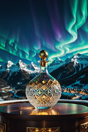 High definition photorealistic render of a parametric style glass decanter with gold metal details, on a dark night with northern lights, in a luxury bar in Switzerland, with snow and mountains, made of sculpted glass in ornamental parametric style, a Cinematographic shot in marble and glass with iridescent iridescent effect, detailed explosion of the scenery, with fabrics, full of elegant mystery, symmetrical, geometric and parametric details, Technical design, Ultra intricate details, Ornate details. shutter speed 1/1000, f/22, white balance, vintage aesthetic, retro aesthetic, retro film, dramatic setting, horror film