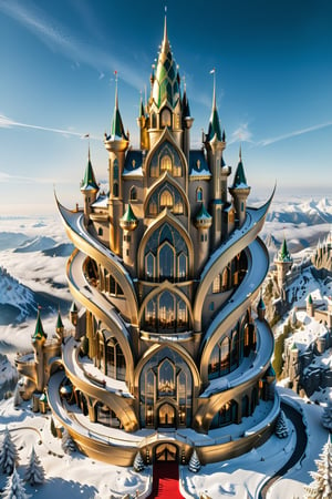 (best quality,  highres,  ultra high resolution,  masterpiece,  realistic,  extremely photograph,  detailed photo,  8K wallpaper,  intricate detail,  film grains), 
luxurious surreal scene of a giant vertical castle with dragon and hypersound rocket in parametric style, with flowing curves in black and white marble, gold metal and iridescent glass, inspired by Zaha Hadid, symmetrical, flowing curves and pointed corners, an aggressive design and imposing with details in art deco style, located in a Christmas atmosphere, full of Christmas, flying carriages, sleighs, Santa Claus, red and green in a snow mountain full of joy and lights on the giant Christmas tree in the shape of castle