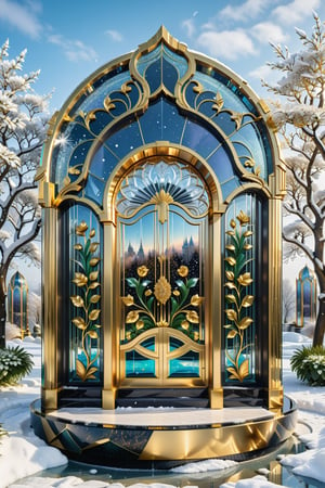 (best quality,  highres,  ultra high resolution,  masterpiece,  realistic,  extremely photograph,  detailed photo,  8K wallpaper,  intricate detail,  film grains), High definition photorealistic, luxurious hyperrealistic poster composition simetric holographic foil crystal of a luxury majestic and elegant girales with luxury details in gold and placed in a glass on a throne with marble and metal with sculptural sculpted glass with parametric architecture in the foreground located in an environment where there are many flowers but everything is covered in snow and flakes snow a beautiful floral garden with snow, gold, hipermaximalistic, with art deco style, high level of image complexity.