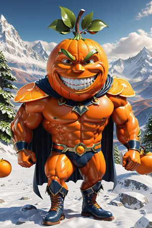 High definition photorealistic render of an incredible and mysterious character of a head fruit mr orange warrior whith this fruit around the character, with men muscles and a big smile, with boots and capes, in a mountains snow, with luxurious details in marble and metal and details in parametric architecture and art deco, the fruit It must be the head of the character full body pose fruit, themed fruit and fruit themed costumes, magical phantasy