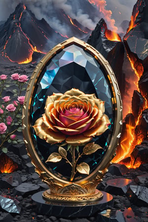 (best quality,  highres,  ultra high resolution,  masterpiece,  realistic,  extremely photograph,  detailed photo,  8K wallpaper,  intricate detail,  film grains), High definition photorealistic, luxurious hyperrealistic poster composition simetric holographic foil crystal of a luxurymajestic and elegant rose black with luxury details in gold and placed in a glass on a throne with marble and metal with sculptural sculpted glass with parametric architecture in the foreground located in a volcanic environment with fire and lava, where there are many flowers but everything is covered of dust and fire a beautiful floral garden with volcano, gold, hipermaximalistic, with art deco style, high level of image complexity.