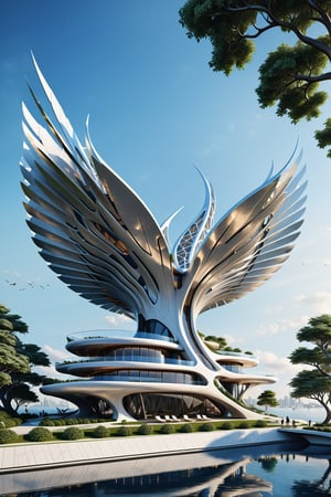 High definition photorealistic render of a incredible and mysterious mythological tree architecture parametrical gigant contruction yatch gigant  with wings hypermaximalist details, marble, metal and glass parametric zaha hadid