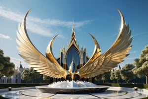 High definition photorealistic render of a luxury sculpture of a super private jet luxury parametric gold design very sculptural, in the surrealisticparked in front of a giant parametric sculpture made of marble and gold and silver metal with an iridescent effect in the shape of open wings and behind a luxurious castle also with a parametric style, a surreal palace with a lot of ethereal and enigmatic, trees, flowers and nature of marble, professional photography with blur and professional ISO parameters and high shutter speed, flash of lightning,  efect iridicent holographic marble and metal, with fluid and organic shapes, with a background where a parametric sculpture with wings appears, in metal, marble and iridescent glass, with precious diamonds, with symmetrical curves in the shape of dragon wings in marble background black & white details gold, chaotic swarowski, inspired by the style of Zaha Hadid, gold iridescence, with black and white details. The design is inspired by the Tomorrowland 2022 main stage, with ultra-realistic Art Deco details and a high level of image complexity iridescence.
