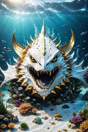 High definition photorealistic render of an incredible and mysterious futuristic mythical creating creature monster with many eyes in splosion big monster bat with parametric shape and structure in the word, curved and fluid shapes in a on the seabed, with fish sharks marine life, aquatic plants, seabeds, shells and bubble explosion, in white marble with intricate gold details, luxurious details and parametric architectural style in marble and metal, epic pose
​