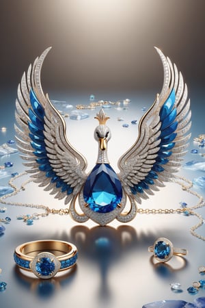 Photorealistic render in high definition of a jewelry set that includes a necklace, a bracelet, a ring and a pair of earrings, made of diamonds and blue precious stones, this entire set must be themed in the shape of a swan, with wings of swan, until presented, the background must include swan feathers on a fabric background, iridescent glass and marble and luxurious oriental external decoration, full of elegant mystery, symmetrical, geometric and parametric details, Technical design, Ultra intricate details, Ornate details , Stylized details, Cinematic lighting, 8k, Unreal, Photorealistic, Hyperrealism, CGI, VFX, SFX