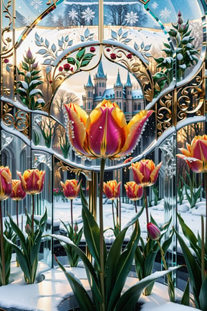 (best quality,  highres,  ultra high resolution,  masterpiece,  realistic,  extremely photograph,  detailed photo,  8K wallpaper,  intricate detail,  film grains), High definition photorealistic, luxurious hyperrealistic poster composition simetric holographic foil crystal of a luxury majestic and elegant rose tulip with luxury details in gold and placed in a glass on a throne with marble and metal with sculptural sculpted glass with parametric architecture in the foreground located in an environment where there are many flowers but everything is covered in snow and flakes snow a beautiful floral garden with snow, gold, hipermaximalistic, with art deco style, high level of image complexity.