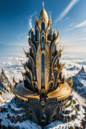 (best quality,  highres,  ultra high resolution,  masterpiece,  realistic,  extremely photograph,  detailed photo,  8K wallpaper,  intricate detail,  film grains), 
luxurious surreal scene of a giant vertical castle with dragon and hypersound rocket in parametric style, with flowing curves in black and white marble, gold metal and iridescent glass, inspired by Zaha Hadid, symmetrical, flowing curves and pointed corners, an aggressive design and imposing with art deco style details, located in a war environment in the center of the castle with two giant pistol-type weapons made of sculpted ice and fire around