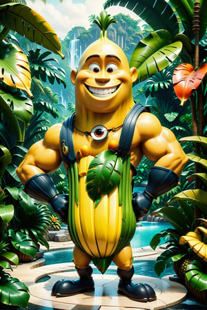 
High definition photorealistic render of an incredible and mysterious Disney Pixar character of a banana warrior, with muscles and a big smile, in a tropical jungle, with luxurious details in marble and metal and details in parametric architecture and art deco, the fruit It must be the head of the character