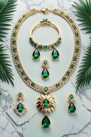 photorealistic render in high definition of an inspiration of a green palm tree of a jewelry set that includes a necklace, a bracelet, a ring and a pair of earrings, all of these must be made of diamonds and green precious stones, since they must be themed or symbolically represent a parmera, the jewelry set must be in marble and iridescent glass and marble and luxurious oriental external decoration, full of elegant mystery, symmetrical, geometric and parametric details, Technical design, Ultra intricate details, Ornate details, Details stylized, Cinematic Lighting, 8k, Unreal, Photorealistic, Hyperrealism, CGI, VFX, SFX