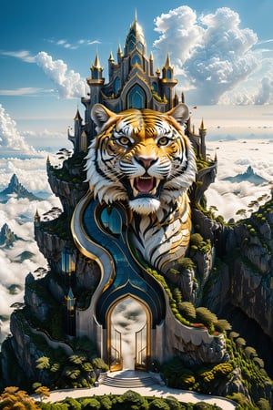 (best quality,  highres,  ultra high resolution,  masterpiece,  realistic,  extremely photograph,  detailed photo,  8K wallpaper,  intricate detail,  film grains), 
luxurious surreal scene of a giant vertical castle with dragon and hypersound rocket in parametric style, with flowing curves in black and white marble, gold metal and iridescent glass, inspired by Zaha Hadid, symmetrical, flowing curves and pointed corners, an aggressive design and imposing with art deco style details, located on a giant cliff of rocks and vegetation levitating above the clouds, with a tiger head adorning the design

