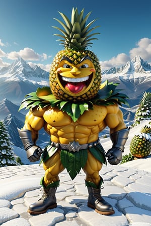 High definition photorealistic render of an incredible and mysterious character of a head fruit mr pineapple warrior whith this fruit around the character, with men muscles and a big smile, with boots and capes, in a mountains snow, with luxurious details in marble and metal and details in parametric architecture and art deco, the fruit It must be the head of the character full body pose fruit, themed fruit and fruit themed costumes, magical phantasy