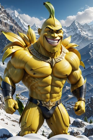 High definition photorealistic render of an incredible and mysterious character of a banana warrior, with muscles mes and a big smile, in a mountains snow, with luxurious details in marble and metal and details in parametric architecture and art deco, the fruit It must be the head of the character