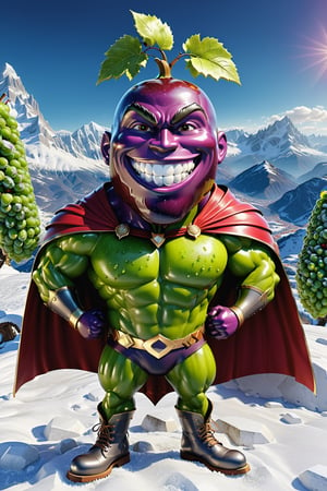 High definition photorealistic render of an incredible and mysterious character of a head fruit mr grape warrior whith this fruit around the character, with men muscles and a big smile, with boots and capes, in a mountains snow, with luxurious details in marble and metal and details in parametric architecture and art deco, the fruit It must be the head of the character full body pose fruit, themed fruit and fruit themed costumes, magical phantasy