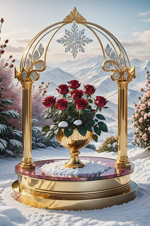 (best quality,  highres,  ultra high resolution,  masterpiece,  realistic,  extremely photograph,  detailed photo,  8K wallpaper,  intricate detail,  film grains), High definition photorealistic, luxurious hyperrealistic poster composition simetric holographic foil crystal of a luxury majestic and elegant rose with luxury details in gold and placed in a glass on a throne with marble and metal with sculptural sculpted glass with parametric architecture in the foreground located in an environment where there are many flowers but everything is covered in snow and flakes snow a beautiful floral garden with snow, gold, hipermaximalistic, with art deco style, high level of image complexity.