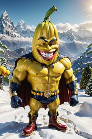 High definition photorealistic render of an incredible and mysterious character of a head fruit mr banana warrior whith this fruit around the character, with men muscles and a big smile, with boots and capes, in a mountains snow, with luxurious details in marble and metal and details in parametric architecture and art deco, the fruit It must be the head of the character full body pose fruit, themed fruit and fruit themed costumes, magical phantasy