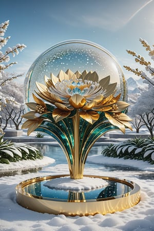 (best quality,  highres,  ultra high resolution,  masterpiece,  realistic,  extremely photograph,  detailed photo,  8K wallpaper,  intricate detail,  film grains), High definition photorealistic, luxurious hyperrealistic poster composition simetric holographic foil crystal of a luxury majestic and elegant cala flower with luxury details in gold and placed in a glass on a throne with marble and metal with sculptural sculpted glass with parametric architecture in the foreground located in an environment where there are many flowers but everything is covered in snow and flakes snow a beautiful floral garden with snow, gold, hipermaximalistic, with art deco style, high level of image complexity.