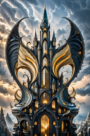 (best quality,  highres,  ultra high resolution,  masterpiece,  realistic,  extremely photograph,  detailed photo,  8K wallpaper,  intricate detail,  film grains), luxurious surreal scene of a giant vertical castle with dragon wings and hypersonic rocket in parametric style, with flowing curves in black and white marble, gold metal and iridescent glass, inspired by Zaha Hadid, symmetrical, flowing curves and pointed corners, an aggressive design and imposing with details in art deco style, located on a rainy night full of storms full of snakes
