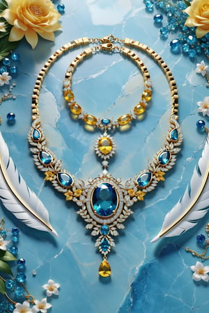 Photorealistic render in high definition of a jewelry set that includes a necklace, a bracelet, a ring and a pair of earrings, made of diamonds and yellow and blue precious stones. This entire set must be themed in the shape of a horse. sea, until its presentation, the background must include feathers and flowers on a fabric background, iridescent glass and marble and luxurious oriental external decoration, full of elegant mystery, symmetrical, geometric and parametric details, Technical design, Ultra intricate details, Ornate details , Stylized details, Cinematic lighting, 8k, Unreal, Photorealistic, Hyperrealism, CGI, VFX, SFX