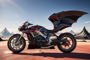 High definition photorealistic render of a luxury superbike in yacht very sculptural, in the surrealistic in a black and red volcano erupting lava in a desert with the open sky showing interstellar space and parametric pyramids in the background, with and bubbles and rays, with fluid and organic shapes, with a background where a parametric sculpture with dragon wings appears, in metal, marble and iridescent glass, with precious diamonds, with symmetrical curves in the shape of dragon wings in marble background black & white details gold, chaotic swarowski, inspired by the style of Zaha Hadid, gold iridescence, with black and white details. The design is inspired by the Tomorrowland 2022 main stage, with ultra-realistic Art Deco details and a high level of image complexity iridescence.
