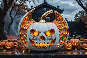(best quality, highres, ultra high resolution, masterpiece, realistic, extremely photograph, detailed photo, 8K wallpaper, intricate detail, film grains), High definition photorealistic render of a luxury halloween sculpture of a scary pumpkin made of orange, black and white marble and gold metal, on an autumn night, in front of a charming Glass House and next to the house, two terrifying and bloody bridges of Luminescent Skulls, all this is a Garden of Trees Scene Intertwined with blood, chains, fire and smoke, enigmatic darkness, the pumpkin must be in the foreground in focus, professional photography with blur and professional ISO parameters and high speed shutter, mystical lightning, iridescent holographic marble effect and metal, with fluid and organic shapes, with a background where a parametric sculpture with wings appears, in metal, marble and iridescent glass, with symmetrical curves on a marble background black and white details gold, ruby, inspired by Zaha Hadid's style, iridescent gold, with black and white details. The design is inspired by the Tomorrowland 2022 main stage, with ultra-realistic Art Deco details and a high level of iridescent image complexity.
