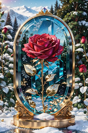 (best quality,  highres,  ultra high resolution,  masterpiece,  realistic,  extremely photograph,  detailed photo,  8K wallpaper,  intricate detail,  film grains), High definition photorealistic, luxurious hyperrealistic poster composition simetric holographic foil crystal of a luxury majestic and elegant rose Red rose with luxury details in gold and placed in a glass on a throne with marble and metal with sculptural sculpted glass with parametric architecture in the foreground located in an environment where there are many flowers but everything is covered in snow and flakes snow a beautiful floral garden with snow, gold, hipermaximalistic, with art deco style, high level of image complexity.