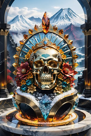 (best quality,  highres,  ultra high resolution,  masterpiece,  realistic,  extremely photograph,  detailed photo,  8K wallpaper,  intricate detail,  film grains), High definition photorealistic, luxurious hyperrealistic poster composition simetric holographic foil crystal of a luxury majestic and elegant luxurious sculpted men's hat with a detailed and ornamental skull-shaped crown with a smoking pipe with luxurious gold details and placed on a crystal throne on a marble and metal throne with sculptural glass sculpted with parametric architecture in the foreground located in a volcanic environment with fire and lava combined with mountains of snow and the entrance of a paradise castle where there are mysteries but everything is covered in dust and fire a beautiful floral garden with a volcano with snow and snowflakes, gold, hipermaximalistic, with art deco style, high level of image complexity.