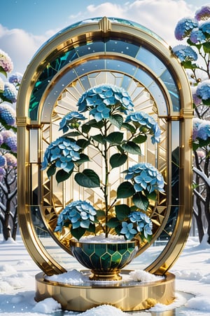 (best quality,  highres,  ultra high resolution,  masterpiece,  realistic,  extremely photograph,  detailed photo,  8K wallpaper,  intricate detail,  film grains), High definition photorealistic, luxurious hyperrealistic poster composition simetric holographic foil crystal of a luxury majestic and elegant Hydrangea with luxury details in gold and placed in a glass on a throne with marble and metal with sculptural sculpted glass with parametric architecture in the foreground located in an environment where there are many flowers but everything is covered in snow and flakes snow a beautiful floral garden with snow, gold, hipermaximalistic, with art deco style, high level of image complexity.