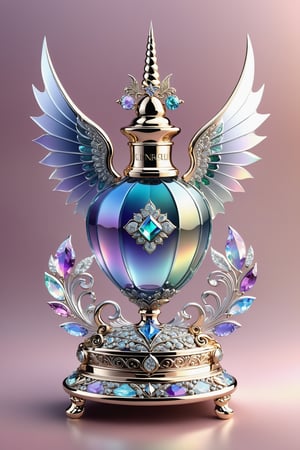 Photorealistic render in high definition of a perfume in sculpted glass and made of diamonds and iridescent iridescent gemstones, themed in a unicorn with open wings, until its presentation, the perfume must be located on a throne of glass and marble and with ornamental details and baroque style, must include iridescent glass and marble and luxurious oriental external decoration, full of elegant mystery, symmetrical, geometric and parametric details, Technical design, Ultra intricate details, Ornate details