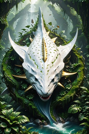High definition photorealistic render of an incredible and mysterious futuristic mythical creating creature inusual big with giant shark-shaped stingray in splosion monster with parametric shape and structure in the word, curved and fluid shapes in a thick jungle full of a lot of vegetation and trees with vines and rocks with moss, in white marble with intricate gold details, luxurious details and parametric architectural style in marble and metal, epic pose
​