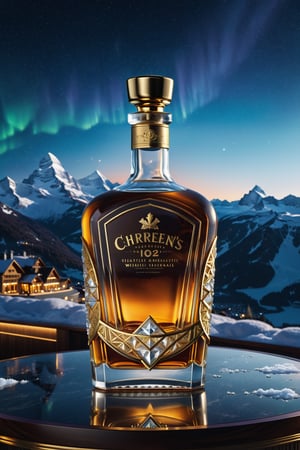 High definition photorealistic render of a glass bottle whiskey with gold metal details, on a dark night with northern lights, in a luxury bar in Switzerland, with snow and mountains, made of sculpted glass in ornamental parametric style, one shot cinematic in marble and glass with iridescent iridescent effect, detailed explosion of the scenery, with fabrics, full of elegant mystery, symmetrical, geometric and parametric details, technical design, ultra intricate details, ornate details. shutter speed 1/1000, f/22, white balance, vintage aesthetic, retro aesthetic, retro film, dramatic setting, horror film