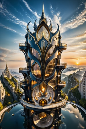 (best quality,  highres,  ultra high resolution,  masterpiece,  realistic,  extremely photograph,  detailed photo,  8K wallpaper,  intricate detail,  film grains), luxurious surreal scene of a giant vertical castle with dragon and hypersound rocket in parametric style, with flowing curves in black and white marble, gold metal and iridescent glass, inspired by Zaha Hadid, symmetrical, flowing curves and pointed corners, an aggressive design and imposing with details in art deco style, located in a city invaded by burning fire and destruction on the hanging chain bridges