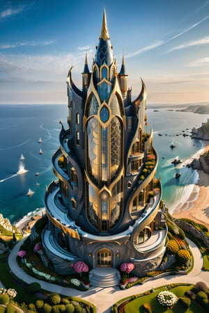 (best quality,  highres,  ultra high resolution,  masterpiece,  realistic,  extremely photograph,  detailed photo,  8K wallpaper,  intricate detail,  film grains), luxurious surreal scene of a giant vertical castle with dragon and hypersound rocket in parametric style, with flowing curves in black and white marble, gold metal and iridescent glass, inspired by Zaha Hadid, symmetrical, flowing curves and pointed corners, an aggressive design and imposing with details in art deco style, located in a field of flowers on a cliff by the sea on a summer beach with the burning sun